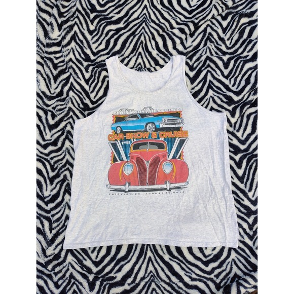 Vintage Y2K-ish Car Show Tank Top Mens XL‎ Grey Red Oklahoma Corvette Surf - Picture 1 of 8
